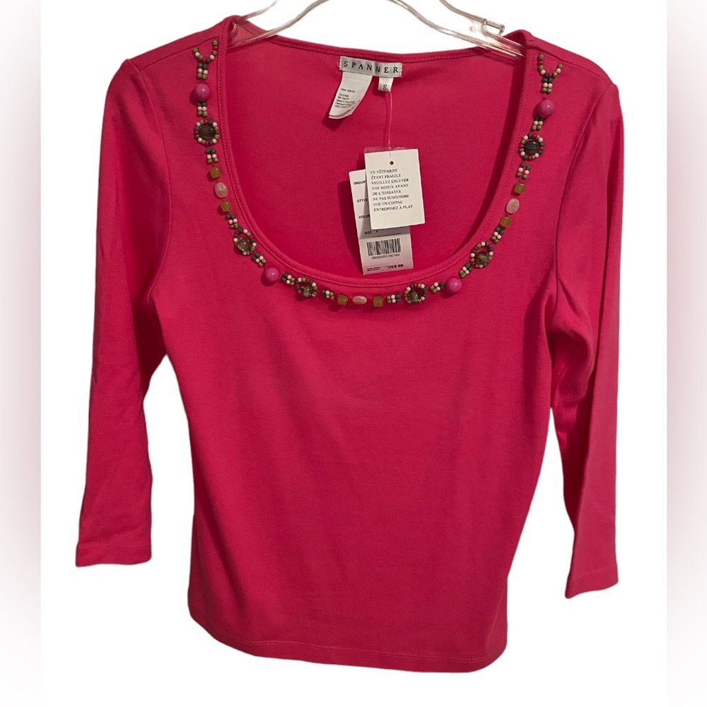 NWT Spanner Barbie-Core Pink Scoop Neck Embellished Stretch Knit Top S